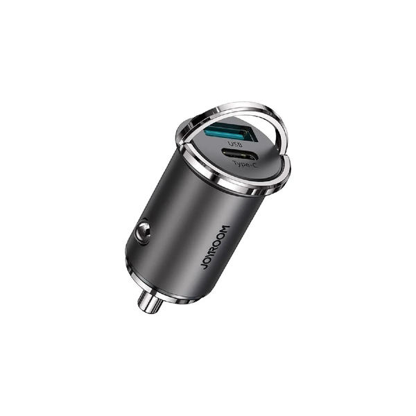 Joyroom 45W Mini Metal Pull Ring Car Charger, USB-A and USB-C Fast Charging Ports - Drak Gray