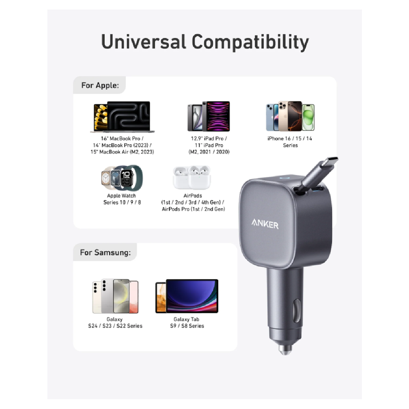 شاحن سيارة سريع من أنكر نانو، 75 واط، بمنفذ USB-C - رمادي