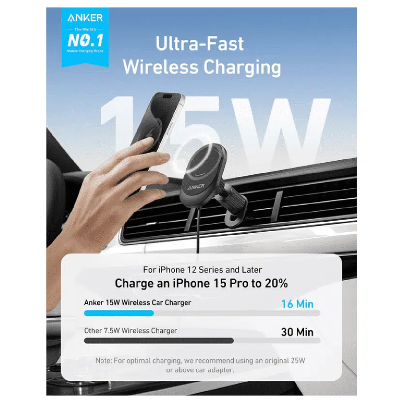 أنكر ماجك جو كيواي 2 لوحة شحن سيارة لاسلكية مع كابل USB-C مدمج - أسود 