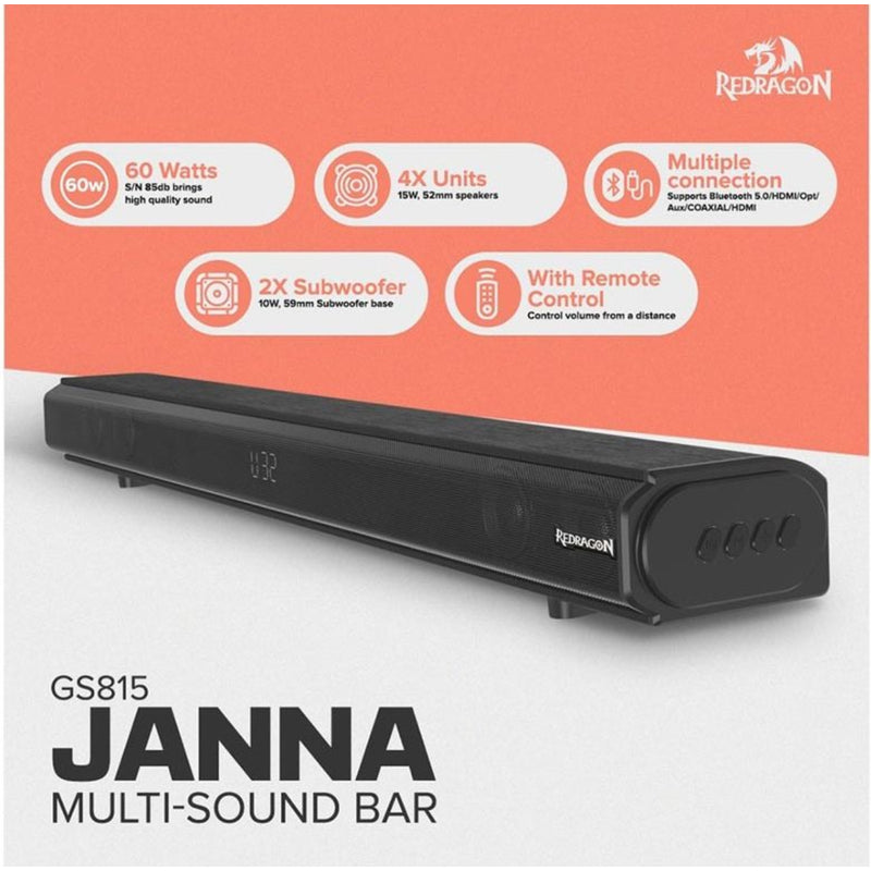 REDRAGON GS815 JANA Multi Soundbar, 60W Plus 2*Subwoofer, Remote Control For Gaming / TV - Black