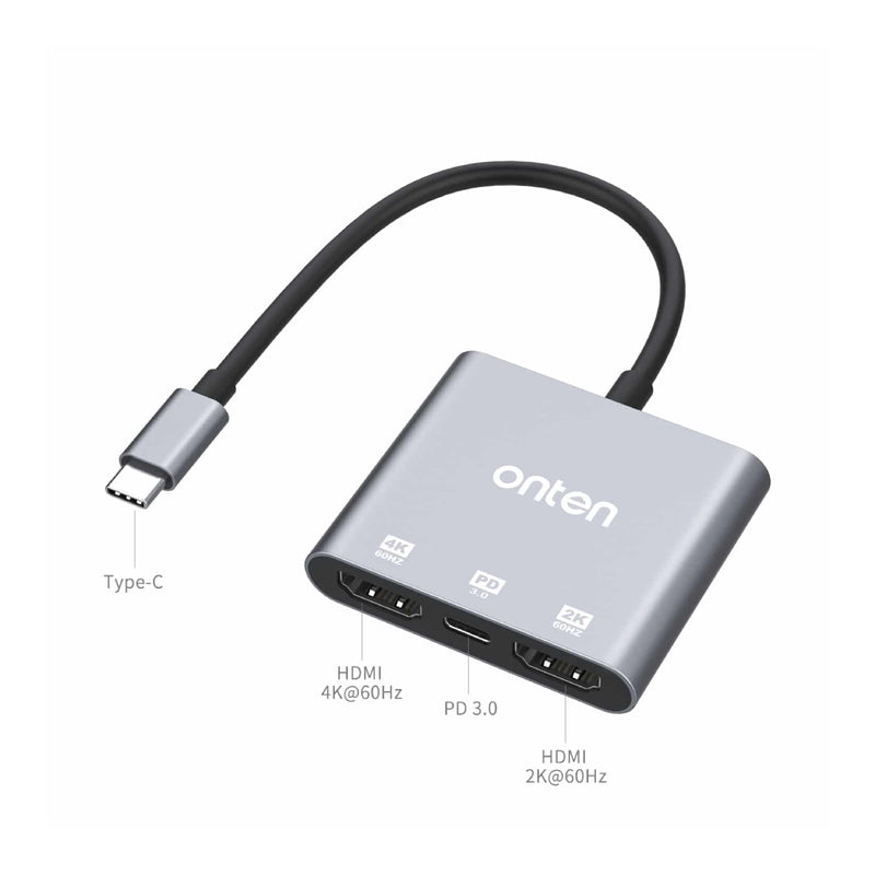 Onten USB -C to HDMi*2 Adapter With PD 3.0 - OTN-9175S - Grey