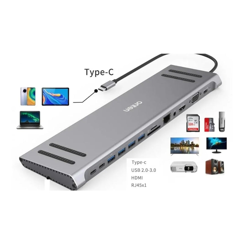 Onten USB-C Docking Station 13 in 1 HDMI VGA PD (3.0), 4*USB, 2*USB C, 10/100M Gigabit- OTN-9199A - Silver