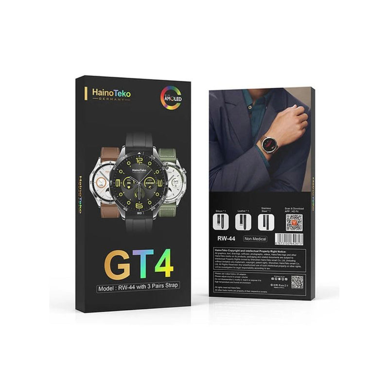 Haino Teko GT4 Smart Watch With 3 Strap (Stainless Steel + Leather + Silicone) AMOLED HD IPS Display - RW-44 - Green