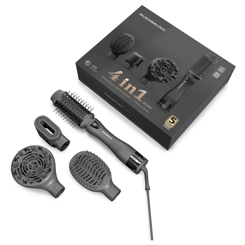 Rush Brush 4 in 1 hair styler, 4 Styling Heads For Different Hairstyles, 3 Heat/2 Speed Settings 1200 Watt - Black