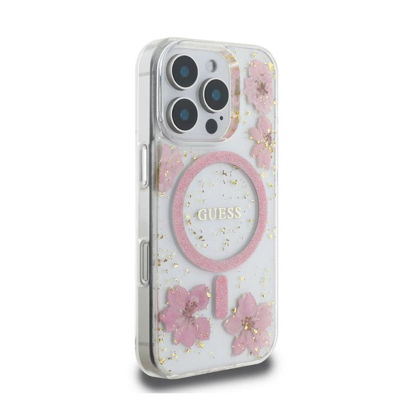 Guess Comfortable Grip Compatible with iPhone 16 Pro Max Hard Case with Resin Flowers Design - Pink