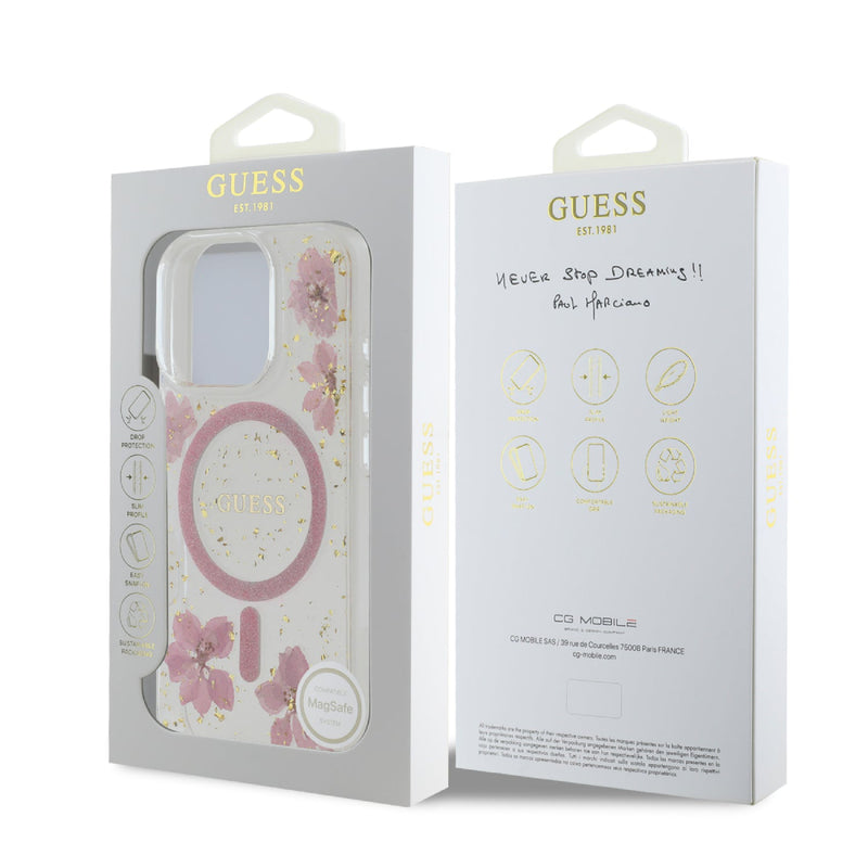 Guess Comfortable Grip Compatible with iPhone 16 Pro Max Hard Case with Resin Flowers Design - Pink