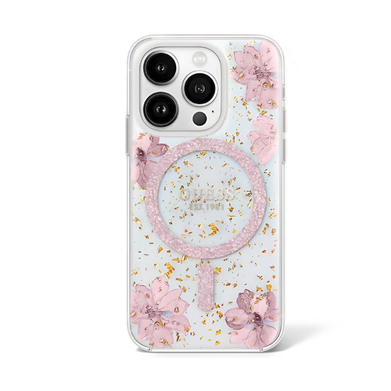 Guess Comfortable Grip Compatible with iPhone 16 Pro Max Hard Case with Resin Flowers Design - Pink