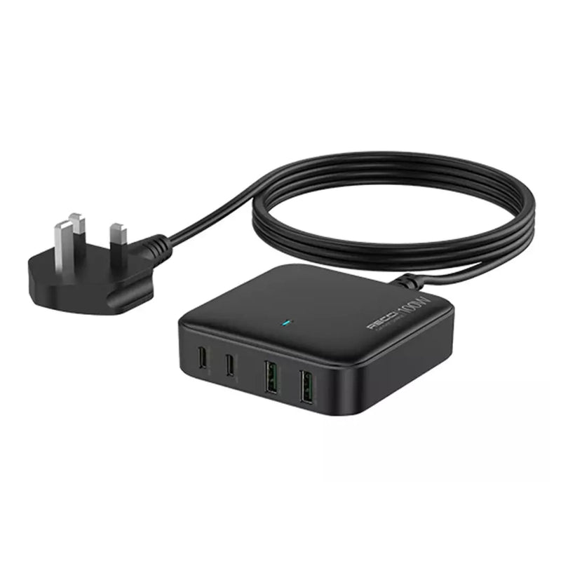 Recci Type-C And USB, 100W Gan Fast Charger, 3-pin UK Plug - RC39 - Black