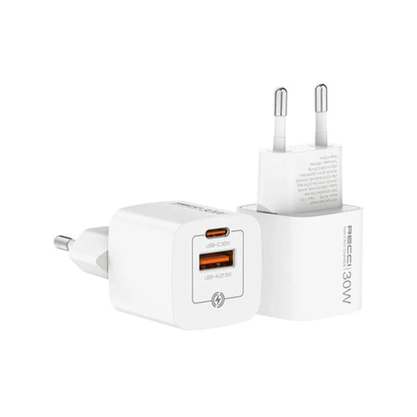 Recci Plug Home Wall Charger 30W Gan Fast Charging  2 Ports USB-C & A - RC70E - White