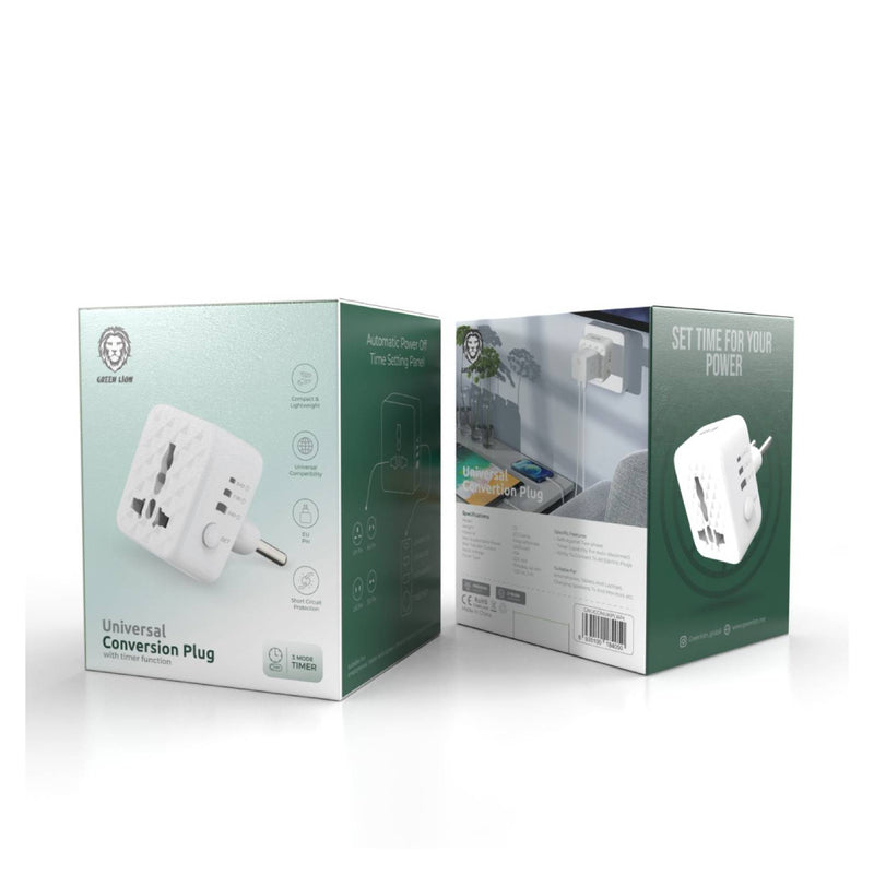 Green Lion Universal Conversion Plug, Compact & Lightweight , Polycarbonate , 3 Mode Timer - White