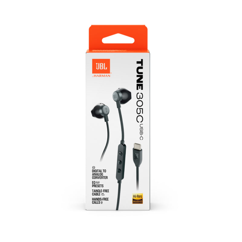 JBL Tune 305C Hi-Res Wired Earbuds with Microphone, Flat Tangle-Free Cable, 3-Button Remote - Black