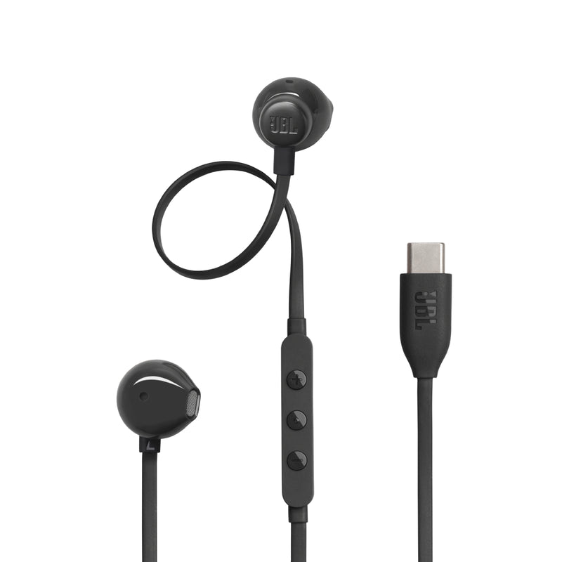 JBL Tune 305C Hi-Res Wired Earbuds with Microphone, Flat Tangle-Free Cable, 3-Button Remote - Black