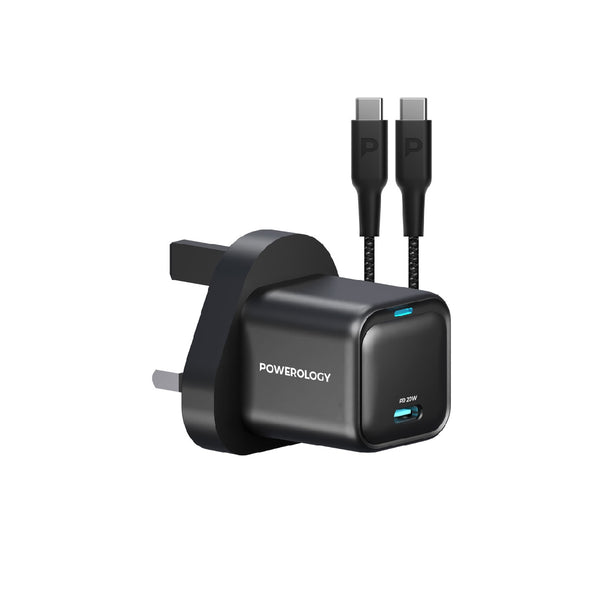 Powerology 20W Single C Port PD Charger UK with Type C to C 60W cable - Black