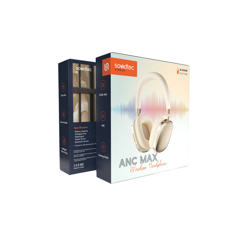 Porodo Soundtec ANC Headphone | 2H Charging Time, 5V/1A Input, 50mW Output, Bluetooth Version 5.3+ EDR - Gold