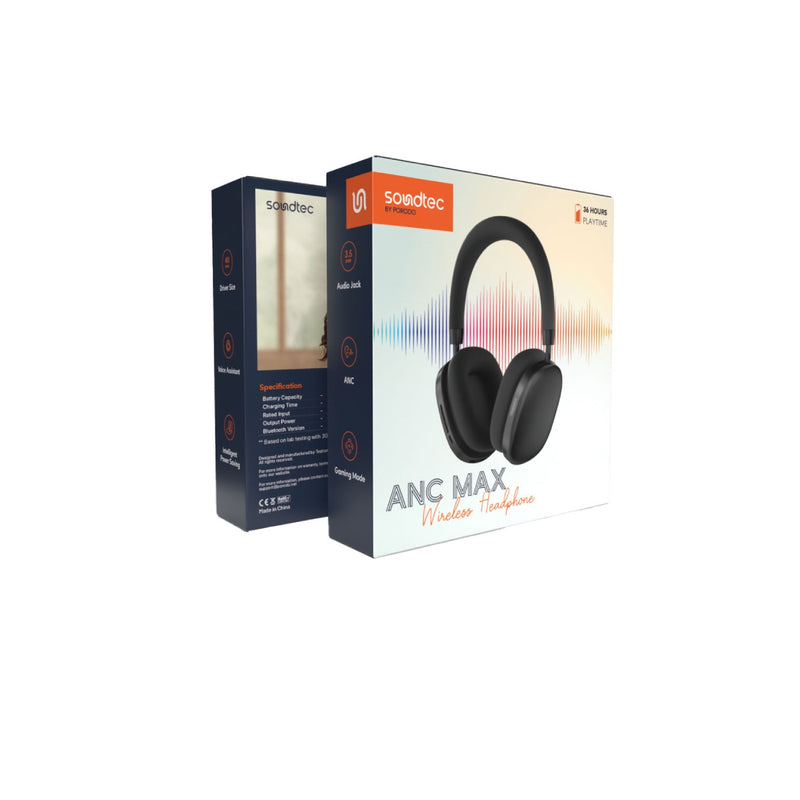 Porodo Soundtec ANC Headphone | 2H Charging Time, 5V/1A Input, 50mW Output, Bluetooth Version 5.3+ EDR - Black