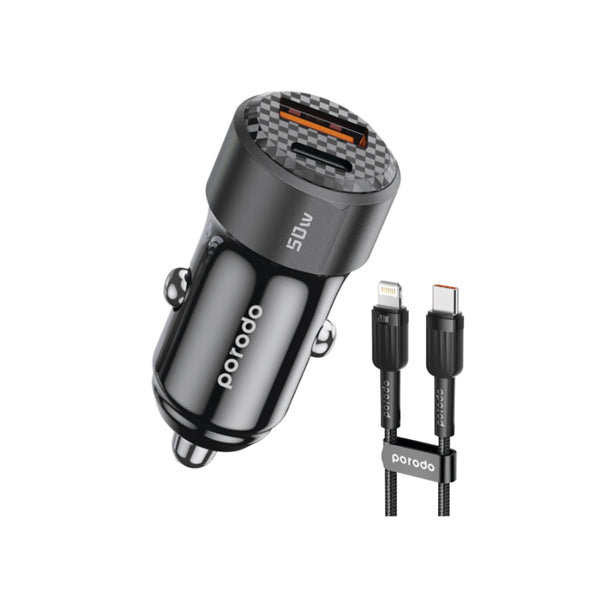 Porodo 50W Dual Port Car Charger PD 20W QC 30W with C to Lightning Cable - Black