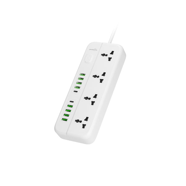 Porodo Blue 4 Universal Sockets Power Strip8 built-in USB A outputs and 2 USB C - White