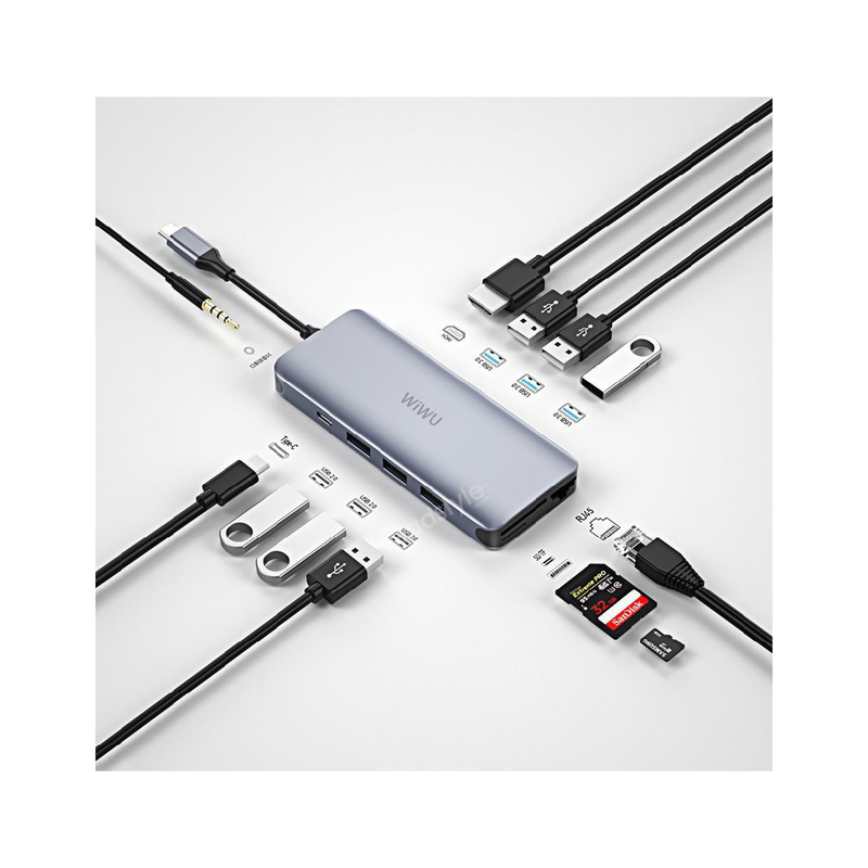 WIWU Alpha 12 in 1 Ports Aluminum Alloy USB-C Hub Multi-function, High speed transmit, Adapter Portable - Gray