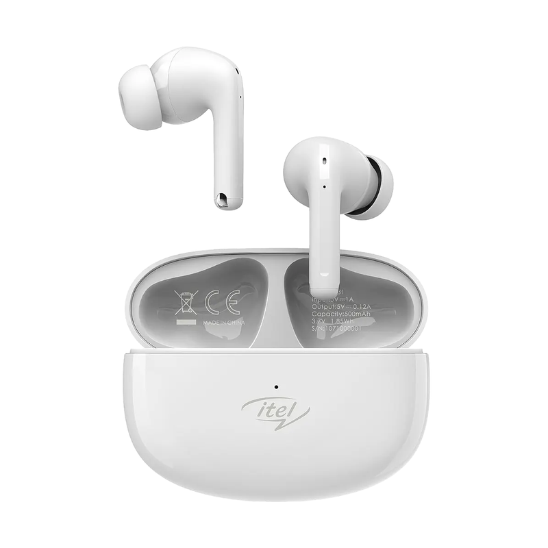 Itel T31 True Wireless In Ear Earbuds, Noise Cancellation, IPX5 Water Resistant, 30Hrs Playback Battery - White