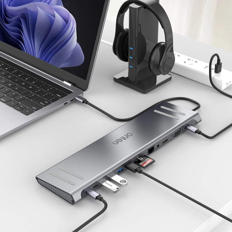 Onten USB-C Docking Station 13 in 1 HDMI VGA PD (3.0), 4*USB, 2*USB C, 10/100M Gigabit- OTN-9199A - Silver