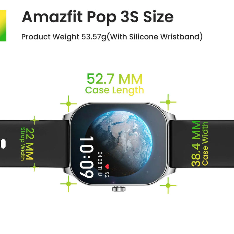 Amazfit Smart watch POP 3S, AMOLED, 12-day Battery Life, Bluetooth Calls - Black