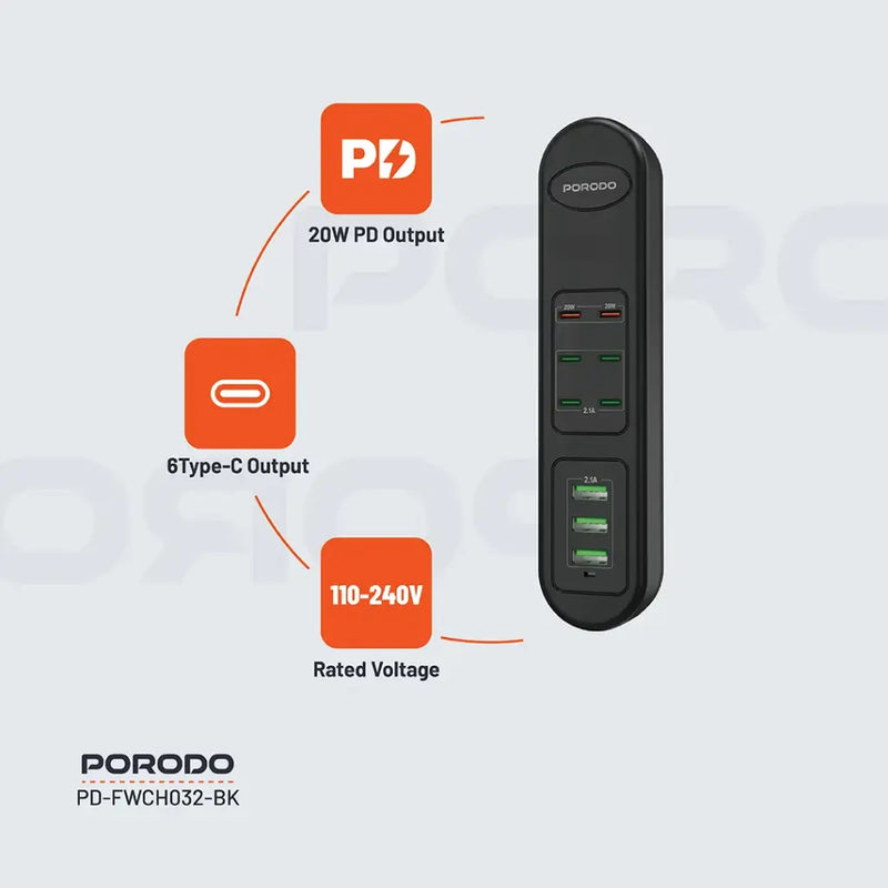 Porodo 50W Multi-Port USB Charging HUB 6 Port USB-C and 3 Port USB-A - Black