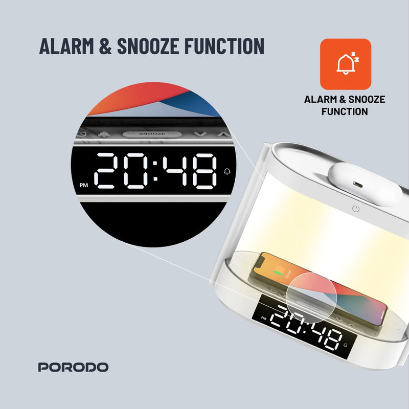 Porodo Bedside Lamp with Wireless Charger and Digital Clock - White