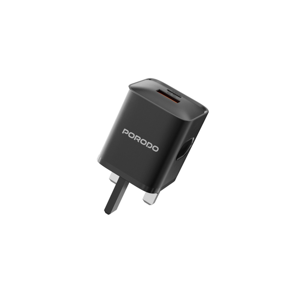 Porodo Dual Port Wall Charger UK with USB-C to Lightning cable - Black