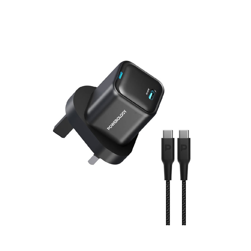 Powerology 20W Single C Port PD Charger UK with Type C to C 60W cable - Black