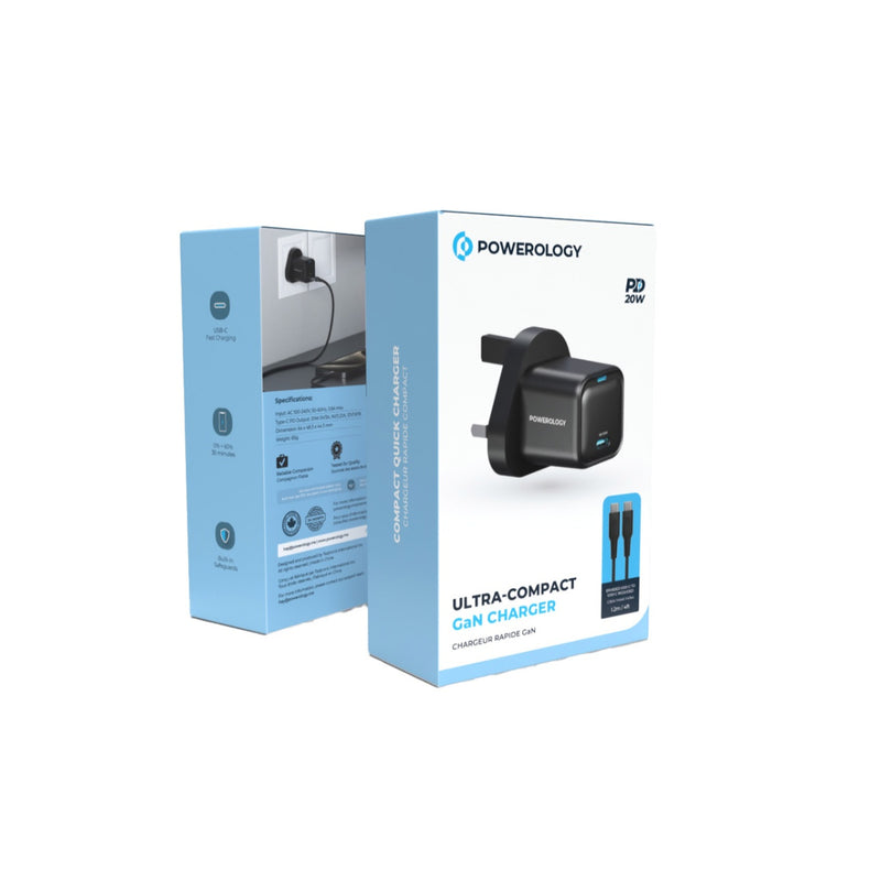 Powerology 20W Single C Port PD Charger UK with Type C to C 60W cable - Black