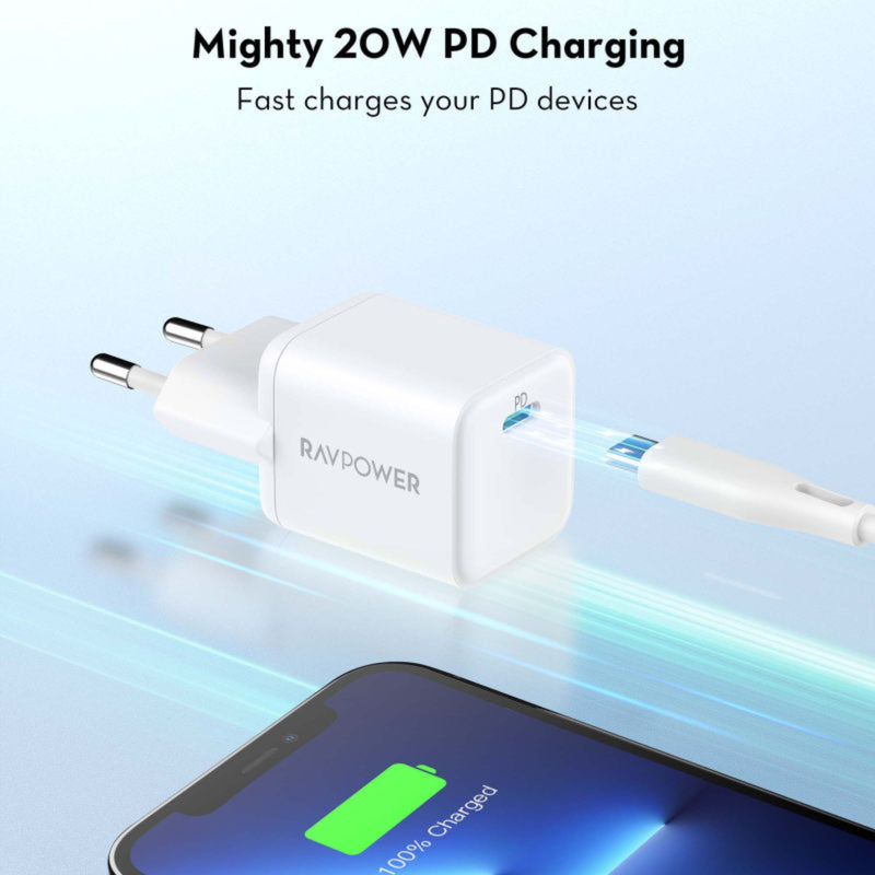 RAVPower 20W USB-C PD Fast Charger – Compact Wall Adapter for iPhone & Android – White