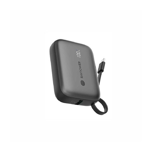 بنك طاقة RAVPower 10000 مللي أمبير/ساعة 20 وات – منفذين مع كابل USB-C مدمج – أسود