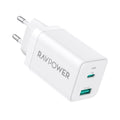 شاحن حائط RAVPower بمنفذين من النوع C + USB للشحن السريع - أبيض