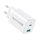 شاحن حائط RAVPower بمنفذين من النوع C + USB للشحن السريع - أبيض