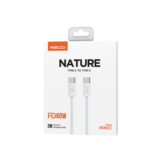 Recci Cable PD60W Type-C to Type-C 2M (EMI CLIPS, 48 BRAIDED WIRE) - RS15CC - White