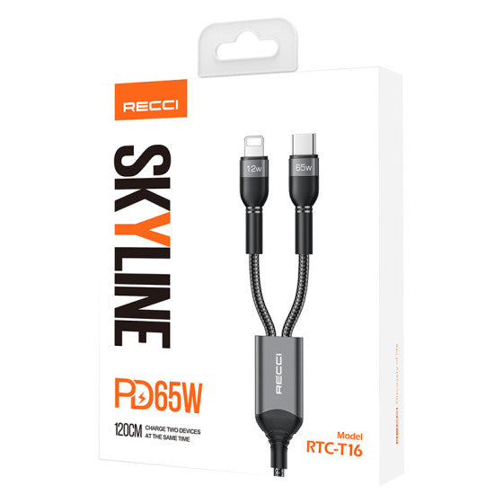 Recci Cable 2-in-1 USB-C & Lightning 65W, 1.2M - RTC-T16 - Black