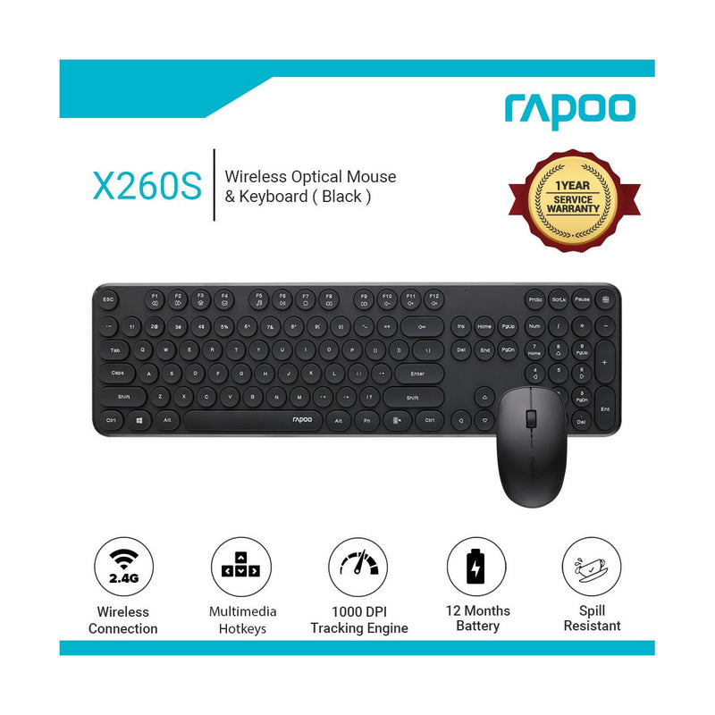 Rapoo X260S Wireless Optical Mouse - Keyboard Combo - Black