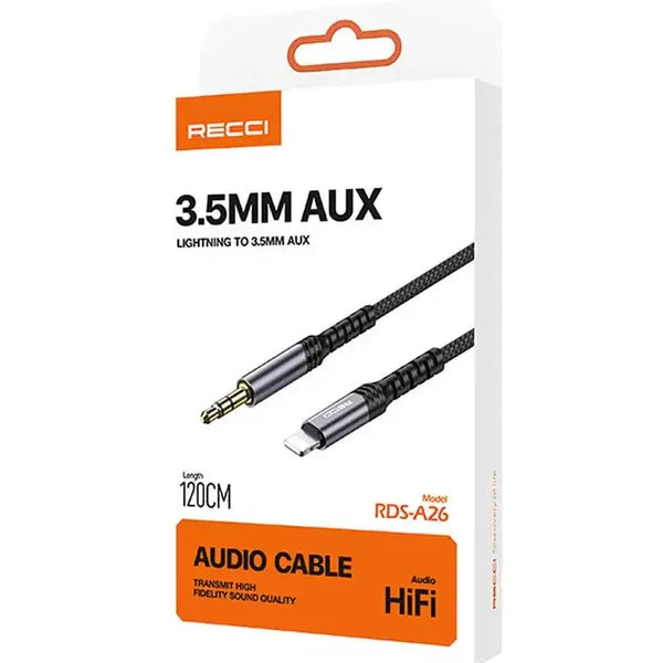 Recci Lightning To AUX 3.5mm Audio cable, 1.2 Meter - RDS-A26 - Black