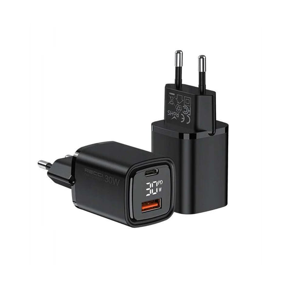 Recci Home Charger Fast Wall Charger with Dual Port & Led Display 30W - Black