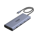 يوجرين محول USB-C متعدد الوظائف 10 في 1، منفذي HDMI، منفذي USB، منفذ RJ45، منفذ SD/TF، شحن سريع 100 واط - رمادي