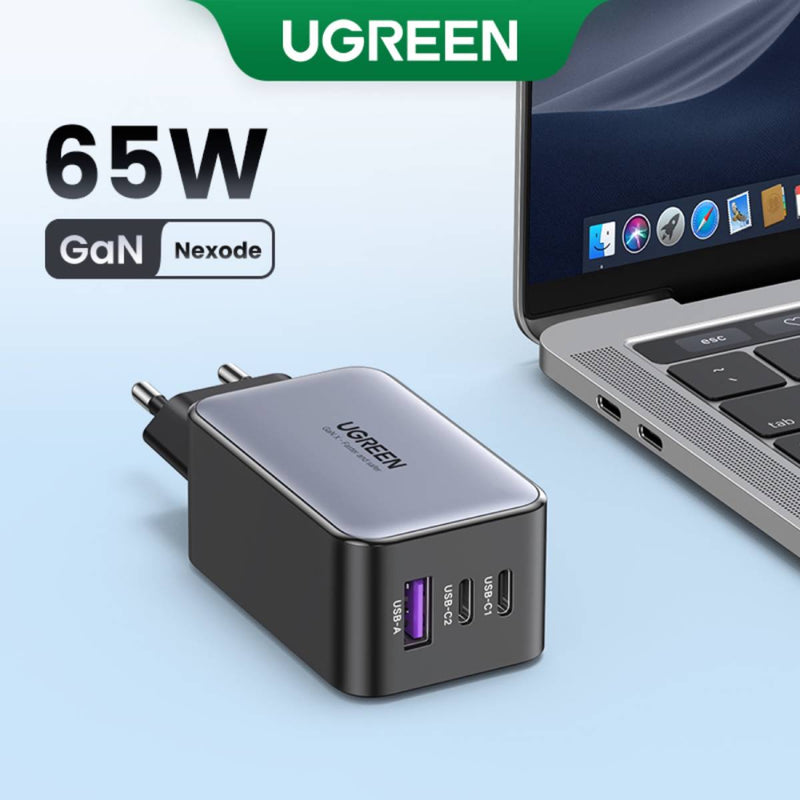 Ugreen Nexode 65W USB-C GaN Charger-3 Ports Wall Charger - Black
