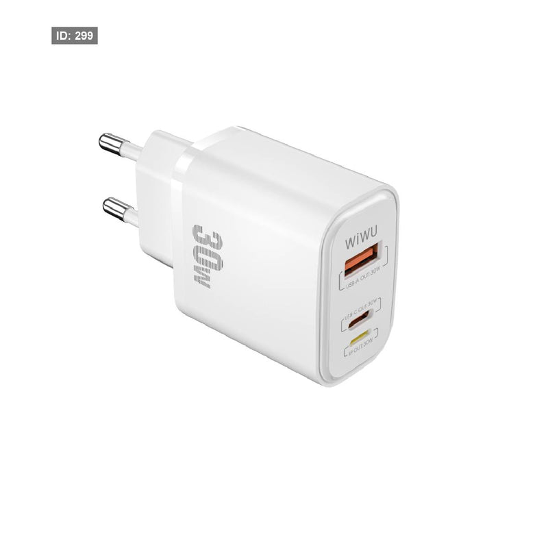 شاحن WIWU Wi-U021 SiC PD+QC سريع 30 وات بثلاثة منافذ (USB-C+ Lightning + USB-A) - أبيض