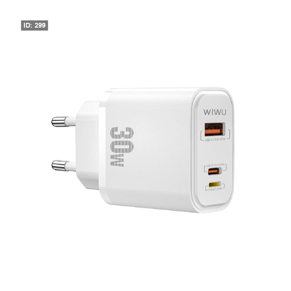شاحن WIWU Wi-U021 SiC PD+QC سريع 30 وات بثلاثة منافذ (USB-C+ Lightning + USB-A) - أبيض