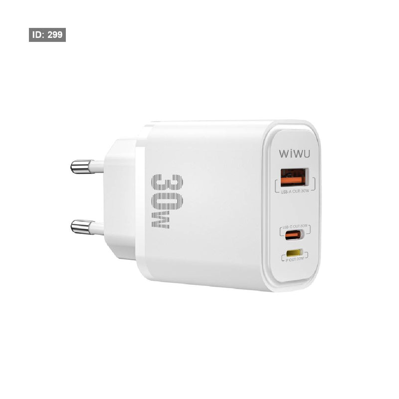 شاحن WIWU Wi-U021 SiC PD+QC سريع 30 وات بثلاثة منافذ (USB-C+ Lightning + USB-A) - أبيض