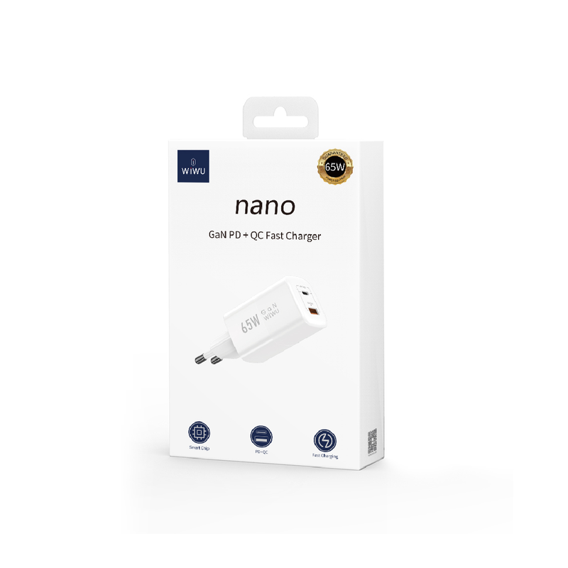 شاحن سريع WiWU Nano GaN PD+QC U012 بقوة 65 وات - أبيض