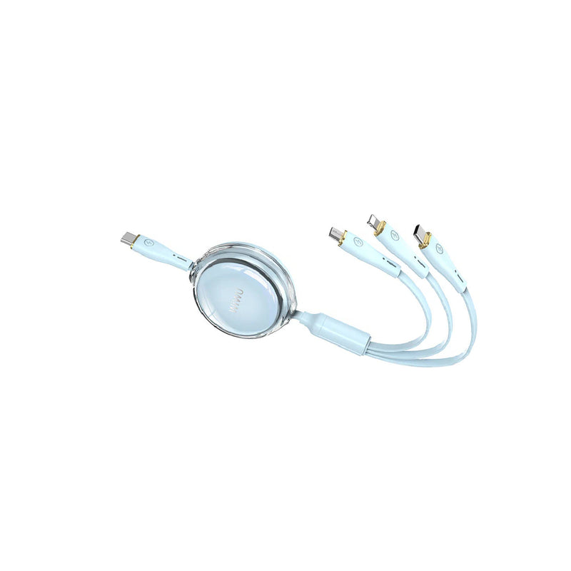 كابل Wiwu Wi-C023 Vigor Series 3in1 Type-C Lightning Micro USB Reel لنقل البيانات والشحن بقوة 100 وات وبطول 1.2 متر، أزرق