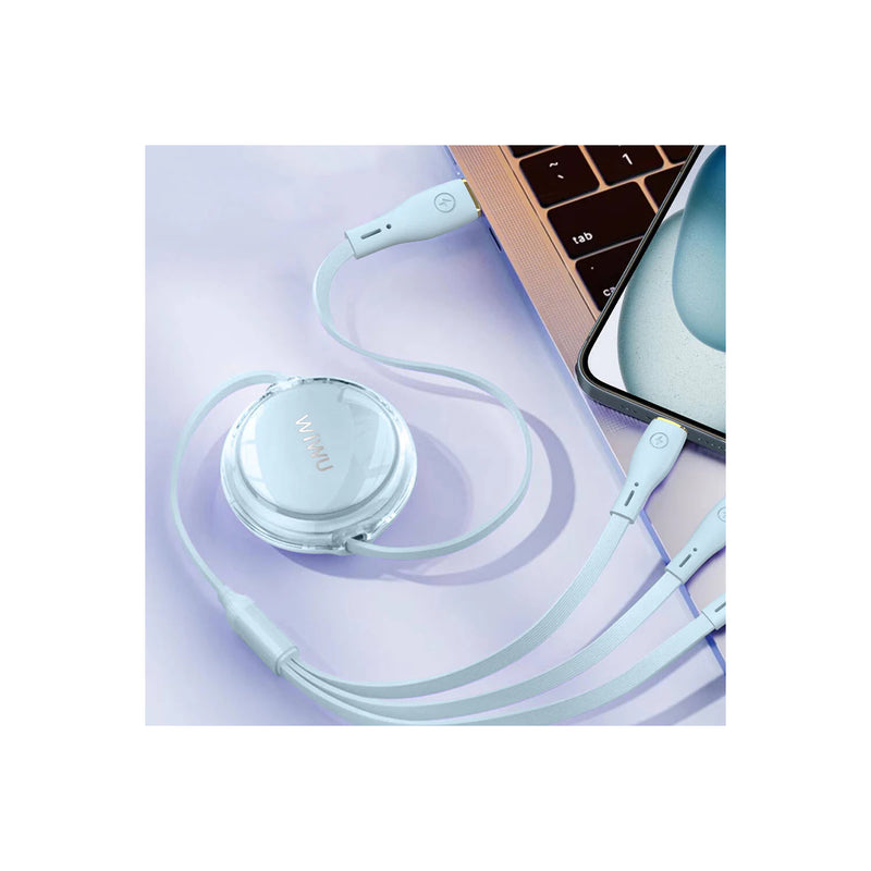 كابل Wiwu Wi-C023 Vigor Series 3in1 Type-C Lightning Micro USB Reel لنقل البيانات والشحن بقوة 100 وات وبطول 1.2 متر، أزرق