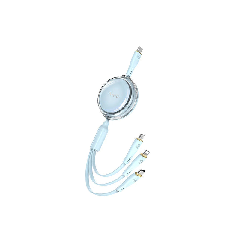 كابل Wiwu Wi-C023 Vigor Series 3in1 Type-C Lightning Micro USB Reel لنقل البيانات والشحن بقوة 100 وات وبطول 1.2 متر، أزرق