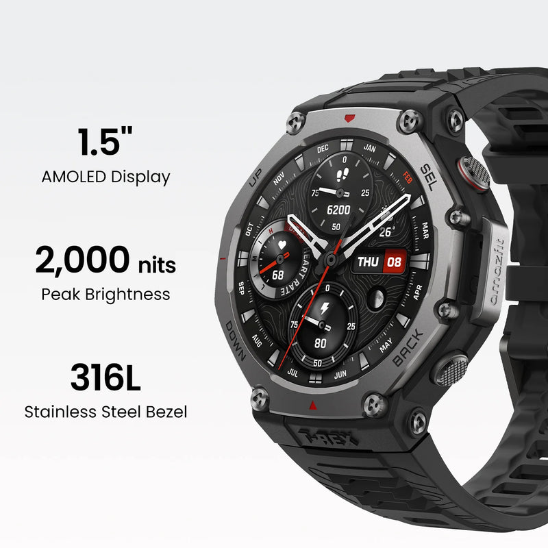 Amazfit T-REX 3 Smart Watch 48mm, GPS, Offline Maps, Long Battery Life,328 Feet Water-Resistant, 170 Fitness/Sport Modes, AI, Voice Control, for Android or iPhone - Onyx