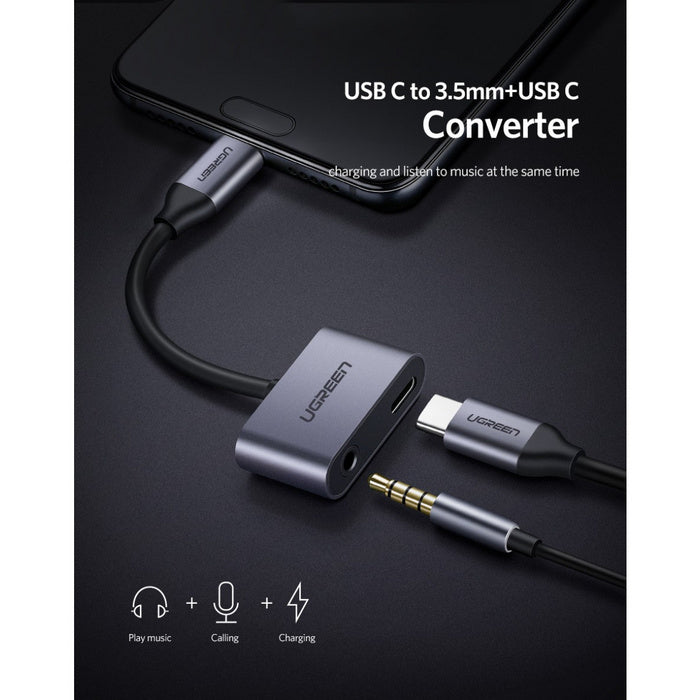 Ugreen 2-in-1 Charge & Audio USB-C Adapter with 3.5 mm Jack & USB-C Charging Port - Grey